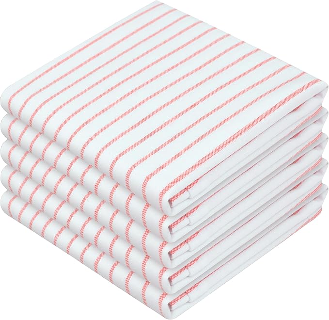 Orange Stripe Cotton Kitchen Towels Set of 5, Durable & Super Absorbent Dishcloths Pack, Classic Stripe Towel Set, Quick Dry Towels for Daily Kitchen Use, Wiping & Drying Dishes