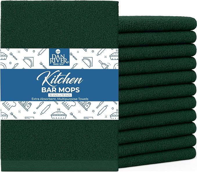DAN RIVER Kitchen Bar Mops,Pack of 12,16 by 19 Inches,100% Cotton Super Absorbent,Multi-Purpose Cleaning Towels for Home and Kitchen Bars-Huntergreen