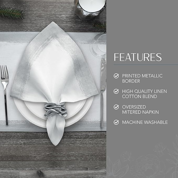 Villeroy & Boch Linen Metallic Brushstroke Napkins, 21 Inches x 21 Inches, Set of 4, White and Silver