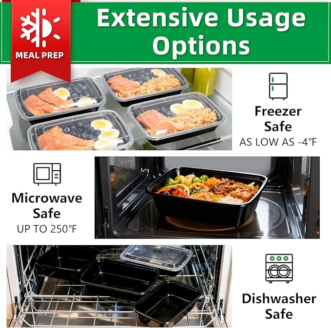 Meal Prep Containers Reusable 50 Pack-28 oz Food Storage Containers with Lids To Go Food Container Takeout, Microwave Dishwasher Freezer Safe, BPA Free, Plastic Containers (Black, Square)