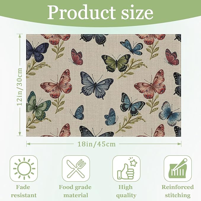 Vintage Colourful Butterfly Placemats Set of 6, Washable Heat Resistant Table Mat Linen Place Mats for Party Kitchen Dining Home Decor 12x18 Inch