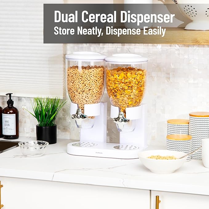 Mind Reader Double Cereal Dispenser for Countertop, 2 x 2L Airtight Containers, Rotating Dry Food Dispenser for Cereal, Rice, Candy, Coffee Beans, White