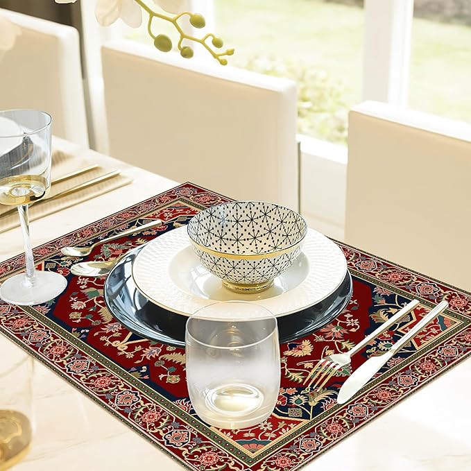 Boho Placemats,Persian Original Tribal Table Mats Set of 6,12x18 Inch,Waterproof Oil-Proof Washable and Reusable Linen placemats Holiday Party Kitchen Table Decorations
