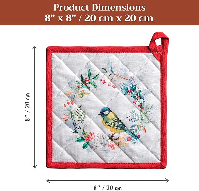 Maison d' Hermine Pot Holders Set 100% Cotton Heat Resistant Potholders 8" x 8" Hot Pads with Loop for Thanksgiving Christmas Decorations BBQ Cooking Baking Handling Hot Pans (Pack of 2, Morzine)