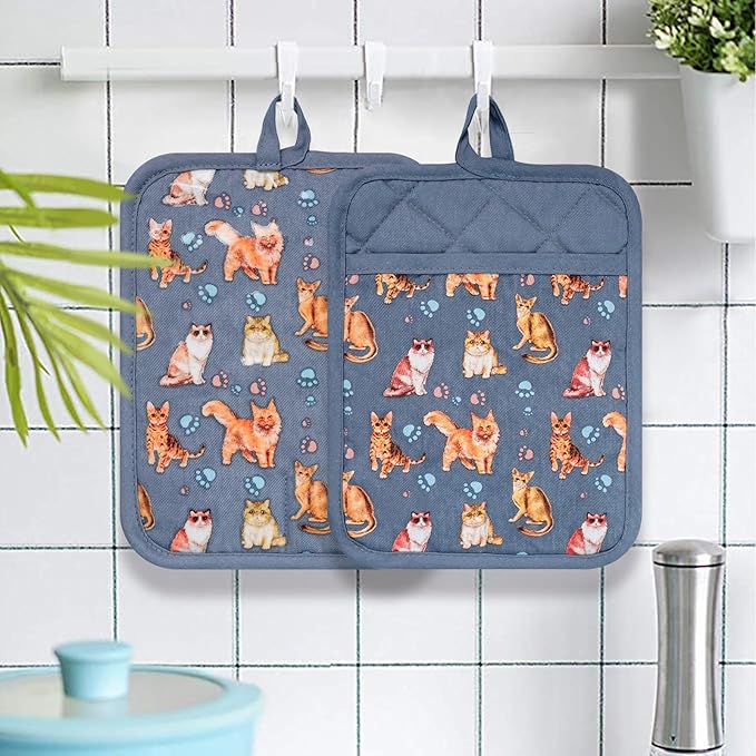 Pot Holders Set of 2 Heat Resistant 480 ℉Non Slip Clear Silicone Printed Comfortable Cotton Lining Kitchen Women Men Cooking Baking Microwave Machine Washable (Cat, Grey potholders)