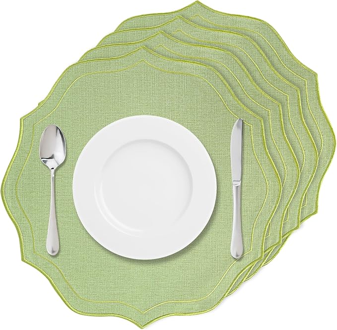 Set of 4 Cotton Linen Placemats, 15x15 Round Scalloped Cloth Table Mats, Embroidery Machine Washable, Wrinkle Resistance Fabric Place Mats for Wedding Summer Baby Shower Party Table Decor-Green