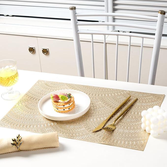 Gold Rectangle Placemats Set of 6, Vinyl Place Mats Hollow-Out Curved Pattern Waterproof Oil-Proof Wipeable Table Mats for Kitchen and Dining Centerpiece Table Decorations