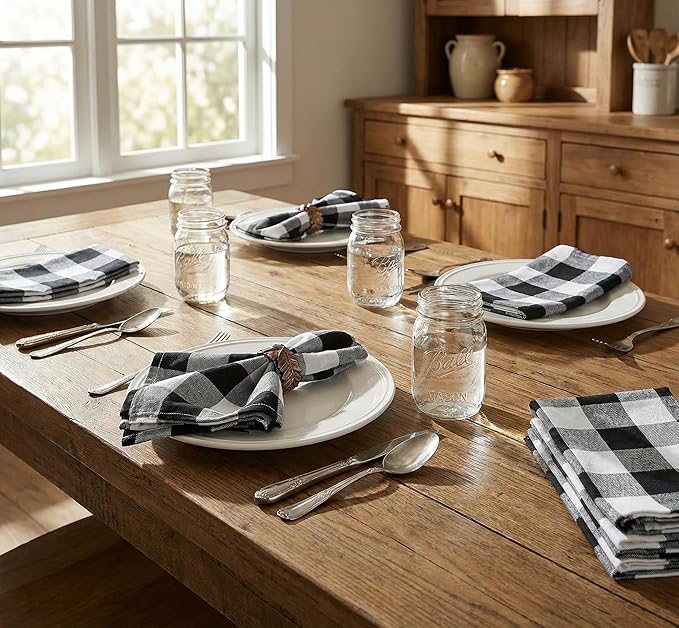 Gingham Check Cloth Dinner Napkin Set of 12 Black White 16x16 Inches, Premium Cotton Everyday Dinning Table Napkins Ideal for Wedding, Spring, Easter | Washable Checkered Soft Fabric for BBQ Events