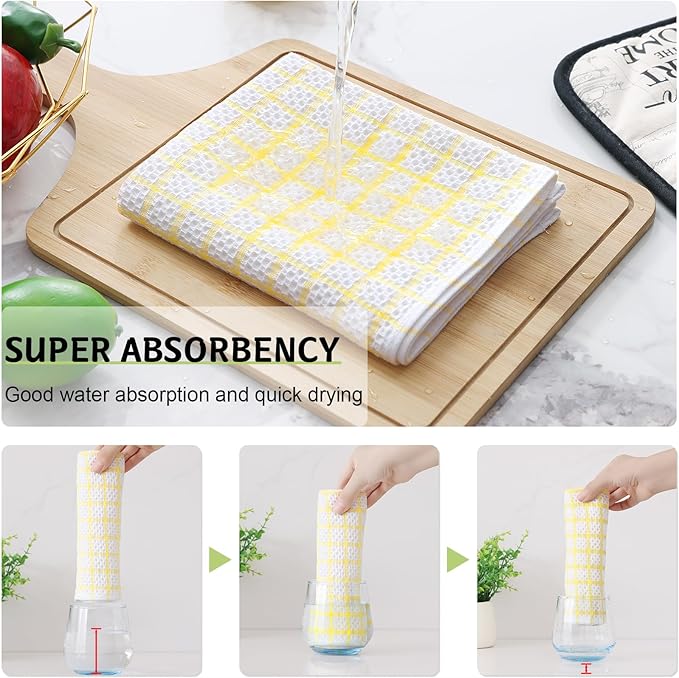 Homaxy 100% Cotton Kitchen Towels 6 Pack-15 X 25 Inches, Check Design Waffle Weave Hand Tea Towels, Super Soft and Absorbent Dish Towel for Drying Dishes, Yellow