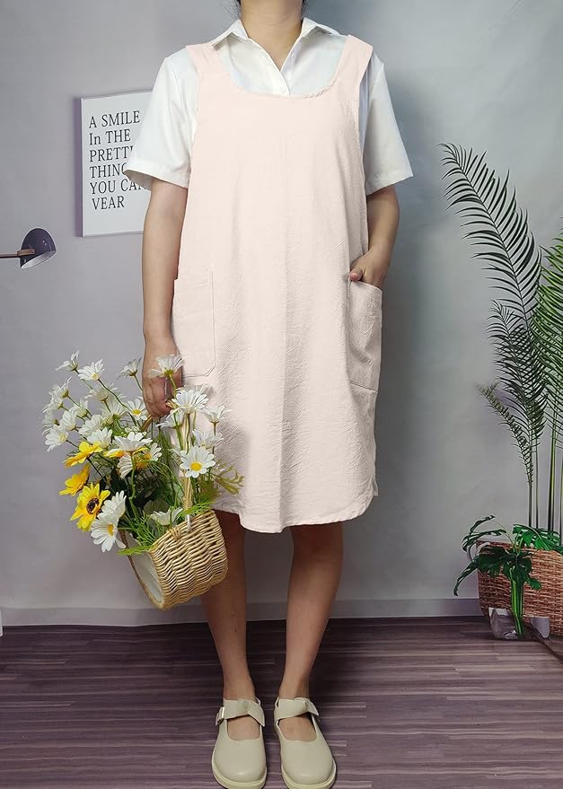 Cotton Cross Back Aprons Solid Color Cooking Kitchen Garden Smock for Women Girls with Pockets