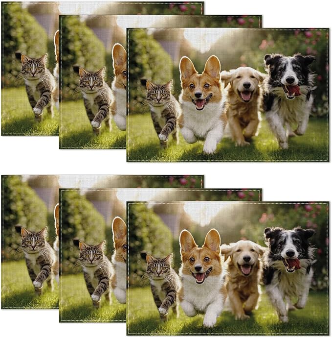 Cute Cat Dog Animal Placemats Set of 6,12 x 18 Inch Table Mats Washable Heat Resistant Linen Fabric Rectangle Place Mat for Party Home Kitchen Dining
