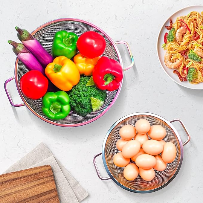 Rainbow Strainer for Kitchen, 5QT, Stainless Steel Colander with Handle for Fruits Vegetables Cooking Food, Dishwasher Safe