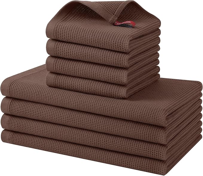 Homaxy 100% Cotton Kitchen Towels and Dishcloths Set - 8 Pack Waffle Weave Soft and Absorbent Dish Towels - 26 X 16 Inch and 12 X 12 Inch - Coffee