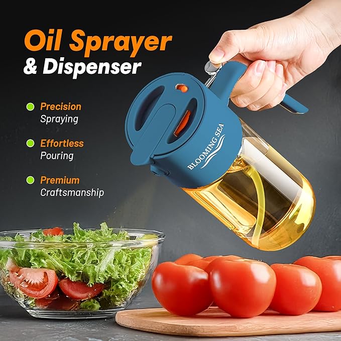 2-in-1 Oil Sprayer and Dispenser – 550ml Glass Olive Oil Bottle with Spray and Pour Modes – BPA-Free, Leakproof, Kitchen Oil Mister for Cooking, Air Fryer, BBQ (Deep Blue)