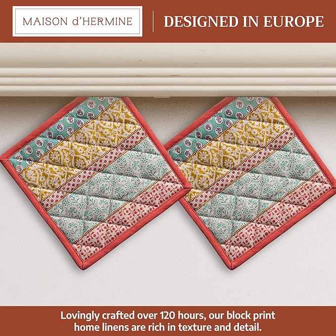 Maison d' Hermine Pot Holders 100% Cotton Heat Resistant Potholders 8" x 8" Hot Pads with Loop BBQ Cooking Baking Gifts for Mothers Day Handling Hot Pans Spring/Summer (Pack of 2, Provence)