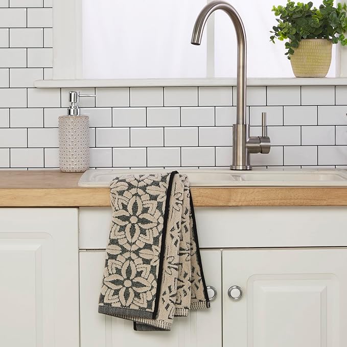 SKL Home Lisbon 100% Cotton Premium 2-Piece Hand Towel Set, 600 GSM, Reversible Jacquard, Soft & Absorbent, Decorative for Bath/Kitchen/Bar & Gift, Black
