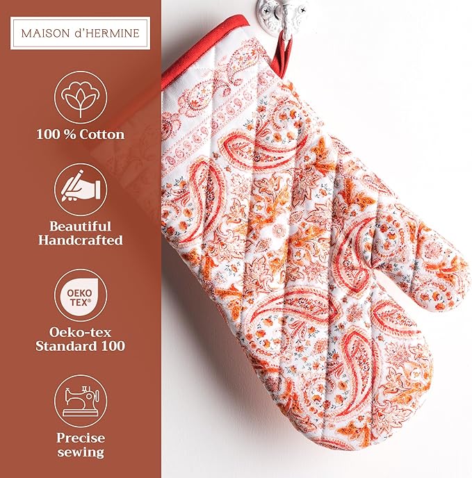 Maison d' Hermine Oven Gloves 100% Cotton Oven Mitt 7" x 13" with Loop Heat Resistant BBQ Cooking Gloves for Thanksgiving Christmas Decorations Baking Handling Hot Pans (Pack of 1, Orient)