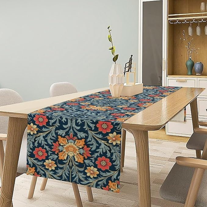 William Morris Table Runner Rural Farmhouse Vintage Flower Art Printed Dinner Runner for Home Kitchen Dining Table Decor Fabric 1 Panel W13xL108in