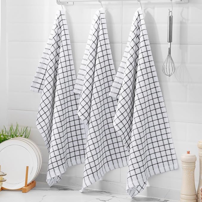 Homaxy 100% Cotton Kitchen Towels 6 Pack-15 X 25 Inches, Check Design Waffle Weave Hand Tea Towels, Super Soft and Absorbent Dish Towel for Drying Dishes, Black