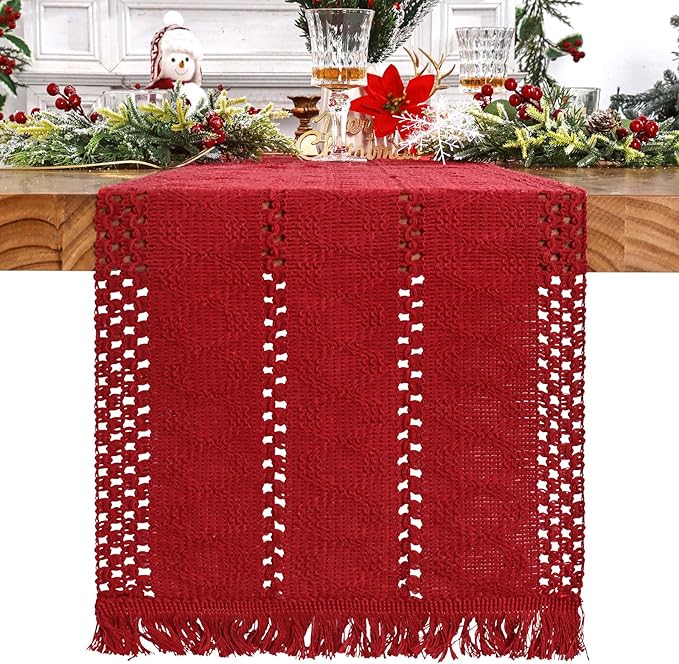 Alynsehom Macrame Table Runner Christmas Red Boho Table Runners with Tassels Hand Woven Cotton Table Runner Rustic Farmhouse Table Runners for Xmas Kitchen Dining Table(12x95in)