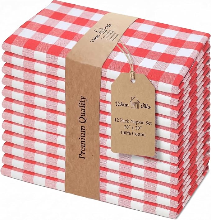 Urban Villa Cloth Napkins Set of 12 20x20 Inches 100% Cotton Napkins Cloth Washable Durable Reusable Absorbent Table Dinner Napkins Cloth for Farmhouse Party Hotel Lunch Restaurant Napkins - Red White
