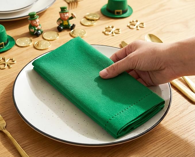 PurpleEssences Set of 12 Hemstitch Cloth Dinner Napkins 100% Cotton - Soft Durable Washable - Ideal for Wedding St Patricks Day - Perfect Everyday Use Table Linen 18x18 - St Patricks Green