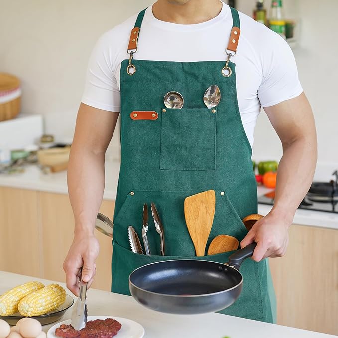 Aoomzoon Canvas Aprons for Men Chef Apron, Work Apron with Large Pockets - 16oz Heavy Duty Cross Back, BBQ, Cooking