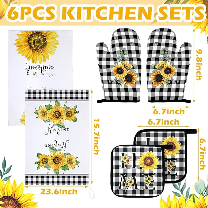 Bencailor 6 Pcs Spring Kitchen Decor Sunflower Pot Holders and Oven Mitts Sets Yellow Kitchen Towel 2 Farmhouse Cooking Mittens for Cooking Grilling Supply Accessories(Yellow,Sunflower)
