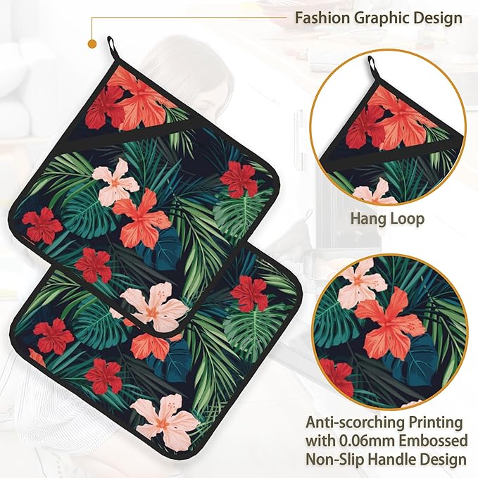 Tropic Hawaiian Hibiscus Flower Pot Holder Set of 2,Heat Resistant Potholders Oven Hot Pads for Kitchen Cooking Baking BBQ