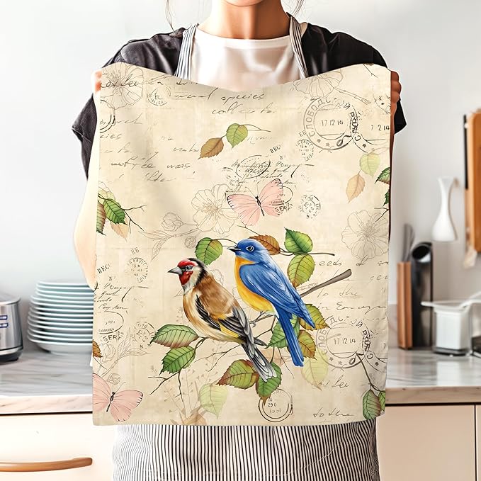 Retro Birds Tea Towels, Cotton Kitchen Towel 18.9 × 27.5 inch, Gifts for Bird Lovers, Quick Drying Dish Cloth for Party Anniversary Holiday Decoration, Housewarming Gifts for Mom
