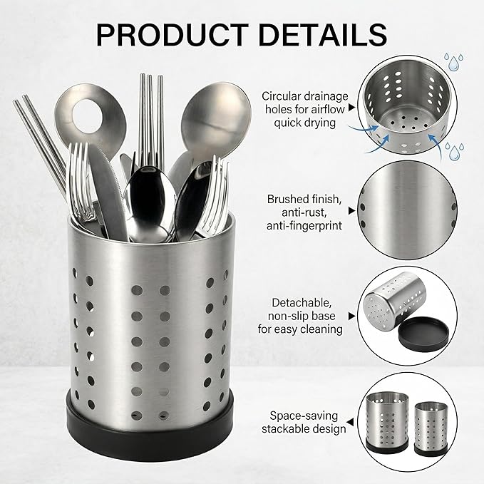 TOPZEA Set of 4 Kitchen Utensil Holder, Stainless Steel Cooking Utensil Organizer Flatware Silverware Holder Drying Rack Cylinder Kitchen Countertop Caddy for Chopstick, Spoon, Fork, Cultery, Straw
