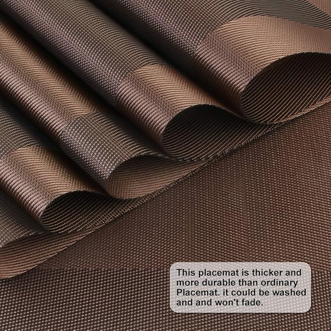 DACHUI Placemats, Heat-Resistant Placemats Stain Resistant Anti-Skid Washable PVC Table Mats Woven Vinyl (8pcs, Brown-Cross)