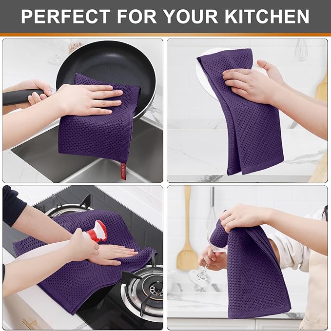 Kitinjoy 100% Cotton Waffle Weave Kitchen Hand Towels (13 X 28 Inches, Eggplant), 4-Pack Super Soft and Absorbent Dish Towel for Drying Dishes