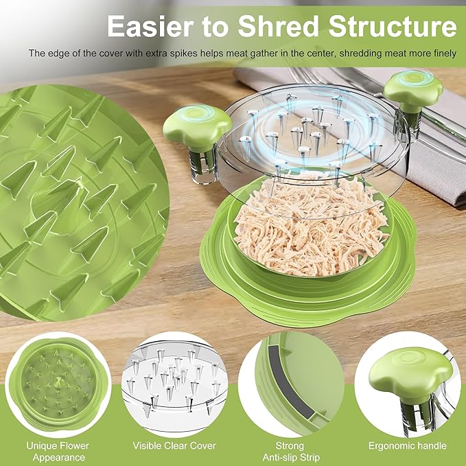 SURETIVIAN Chicken Shredder Large Chicken Breast Shredder Tool Twist with Brush&Fork, Visible Meat Shredder Machine, Anti-Slip Strip, Ergonomic Handle, BPA Free, Pork Beef Chicken(Matcha)