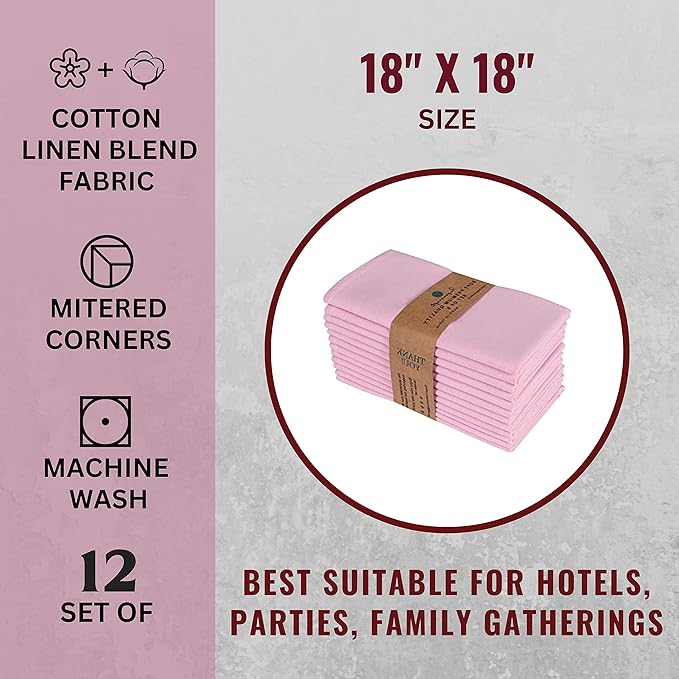FINGERCRAFT Cloth Dinner Napkins Cotton Linen Fabric Soft Set of 12 Plain Reusable Washable for Dining Party Table Decoration 18x18 Inch Pink Lady Easter Color