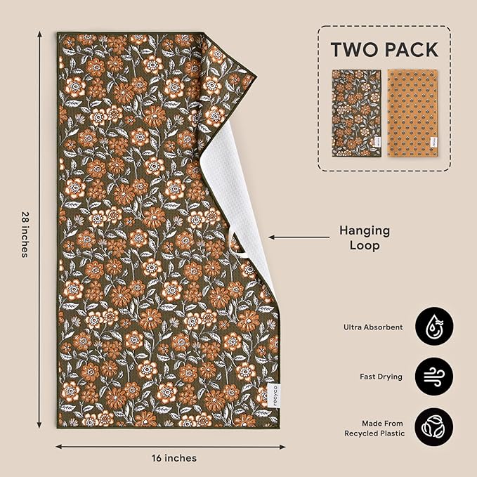 RECYCO Waffle Kitchen Towel Set of 2 - Quick Dry Microfiber Sustainable Dish Towels - Ultra Absorbent Reusable Cleaning Tea Towels - Lightweight Hand Towels,16”x 28”, Amber Flora