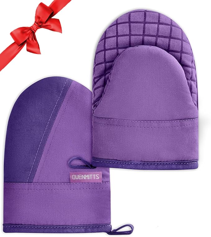 Mini Oven Mitts, Kitchen Oven Gloves Kitchen Mittens 500 Degrees Heat Resistant Baking Gloves, Non-Slip Silicone Surface with Hanging Loops Hot Gloves for Cooking, Baking, BBQ 1 Pair-Purple