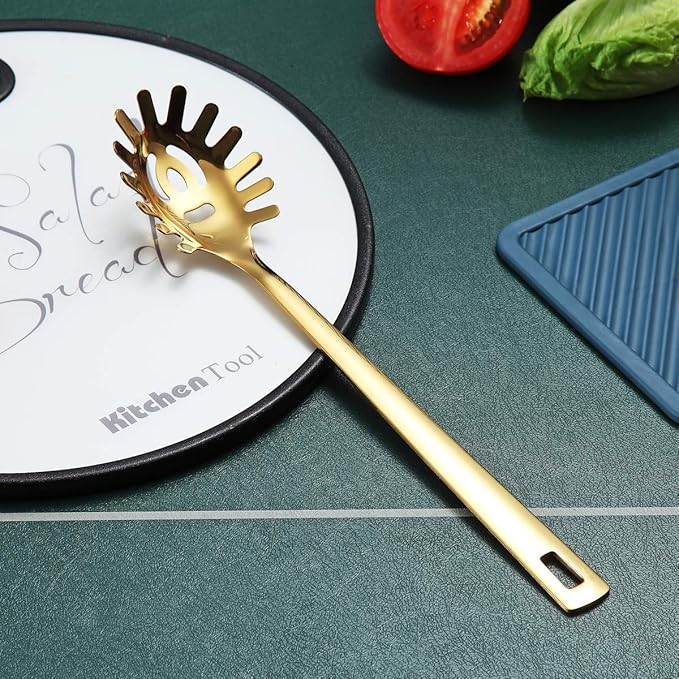 Gold Spaghetti Spoon, Berglander Pasta Server With Titanium Gold Plating, Stainless Steel Spaghetti Server For Cooking, Pasta Fork, Noddle Fork, Dishwasher Safe, Easy to Clean