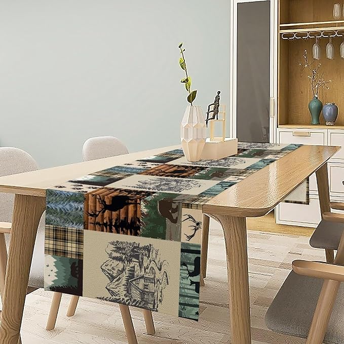 Cabin Bear Deer Table Runner Vintage Rustic Farmhouse Animal Art Printed Dinner Runner for Home Kitchen Dining Table Decor Fabric 1 Panel W13xL120in