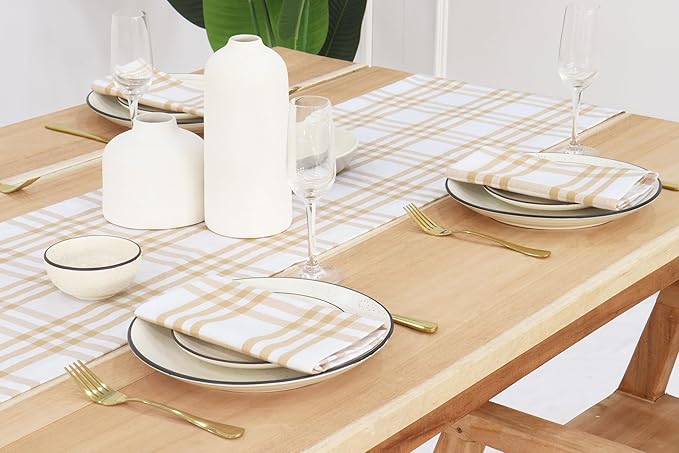 PurpleEssences Homestead Plaid Cloth Napkins - Mitered Corners - Spring Easter Summer - Check Dinner Napkin - Set of 12-100% Cotton - 18x18 Inch - Reusable Washable - Beige and White