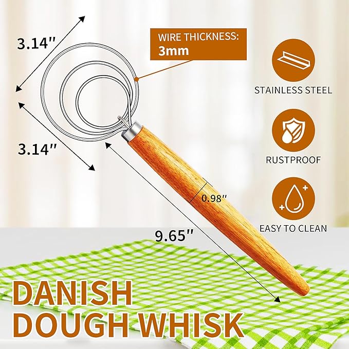 TEEVEA Danish Dough Whisk for Bread Sourdough, Wooden Handle & Stainless Steel Hook