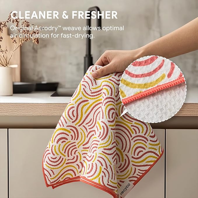 RECYCO Waffle Kitchen Towel Set of 2 - Quick Dry Microfiber Sustainable Dish Towels - Ultra Absorbent Reusable Cleaning Tea Towels - Lightweight Hand Towels,16”x 28”, Banana Joy