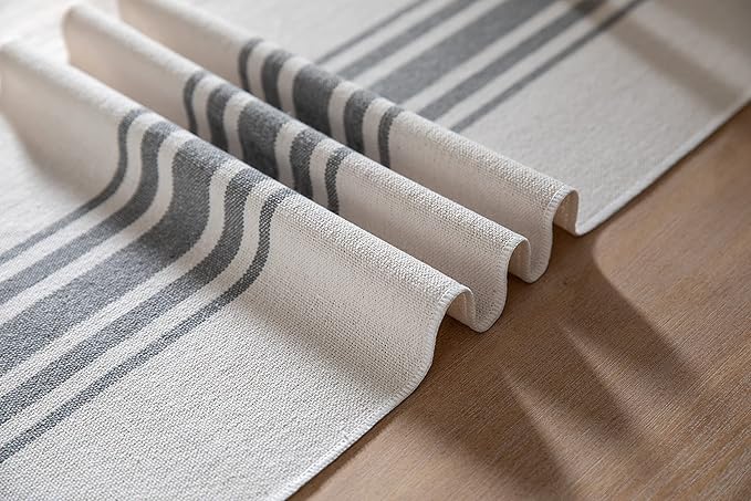 Boho Table Runner for Modern Farmhouse Decor, Dining Table décor 13 x 72 Inch Long, Coffee Table Runner with Handcrafted Tassels, Grey and Beige Stripe Table Runner for Home Boho Décor