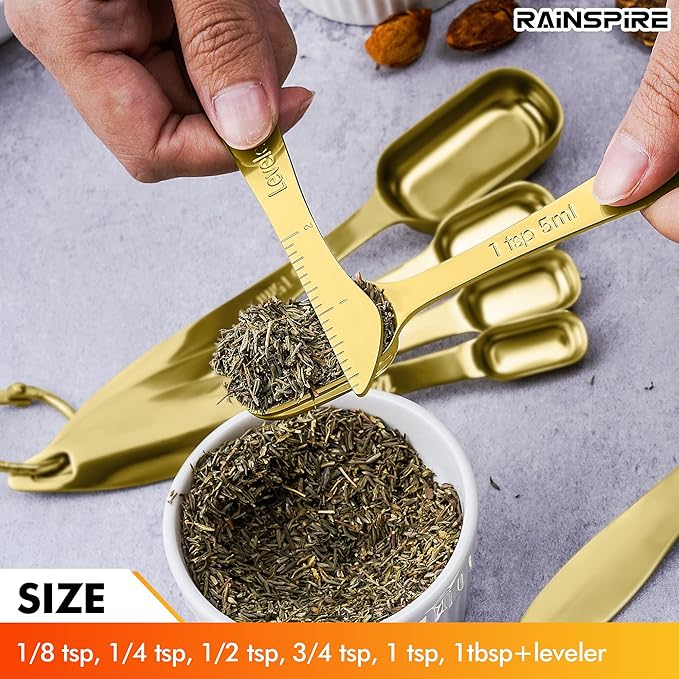 Rainspire Heavy Duty Measuring Spoons Set Stainless Steel, Metal Measuring Cups and Spoons Set for Dry or Liquid, Fits in Spice Jar, Home Gadgets Kitchen Gadgets, Set of 7 Including Leveler, Gold