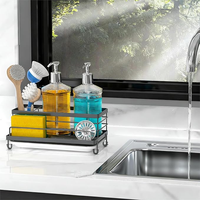 Cisily Gray Sponge Holder for Kitchen, Sink Caddy Sink Organizer Rack for Kitchen Accessories with Drip Tray, Rustproof and Non-slip, Soap Dispenser Countertop Organizer Essentials for New Home