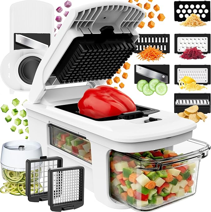 Fullstar XL Vegetable Chopper & Mandoline Slicer – Vegetable, Onion, Potato, Food, Veggie & Fruit Slicer, Dicer & Spiralizer with Pull-Out Catch Tray, Kitchen Gadgets & Gifts (11 in 1, White)