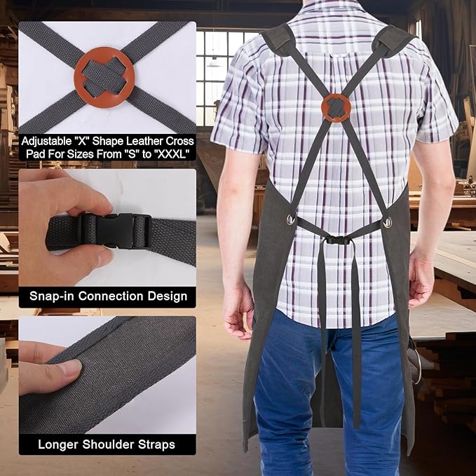 Men's Canvas Tool Apron, Heavy Duty Multi-Pocket Work Apron for Woodworking Gardening Bartender Adjustable Straps