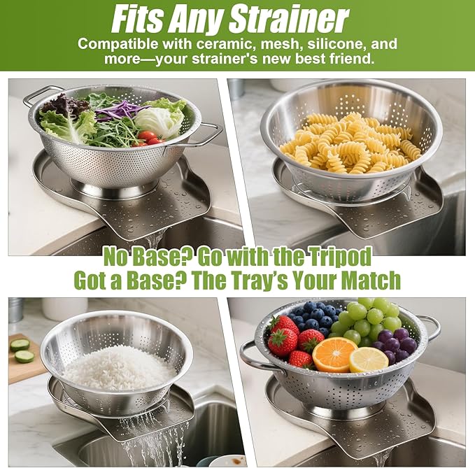 Palksky Colander and Strainer Self Drainer Base Plate Stainless Steel for Kitchen, Metal Countertop Draining Tray for Pasta Rice Noodle Fruit Veggie Food Strainer & Ceramic Colander