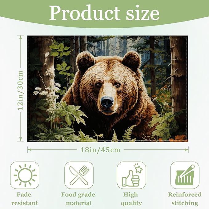 Forest Brown Bear Placemats Set of 6, Washable Heat Resistant Table Mat Animal Linen Place Mats for Party Kitchen Dining Home Decor 12x18 Inch