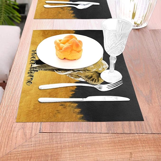 Elephant Placemats Set of 4, Black Gold Table Mats for Dining Table, Heat Resistant Washable Linen Place Mats for Home Party Kitchen Decoration 12"x18"